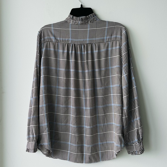 Ann Taylor Brown Blue Houndstooth Print Long Sleeve Button Up Top Large Petite - Picture 2 of 11
